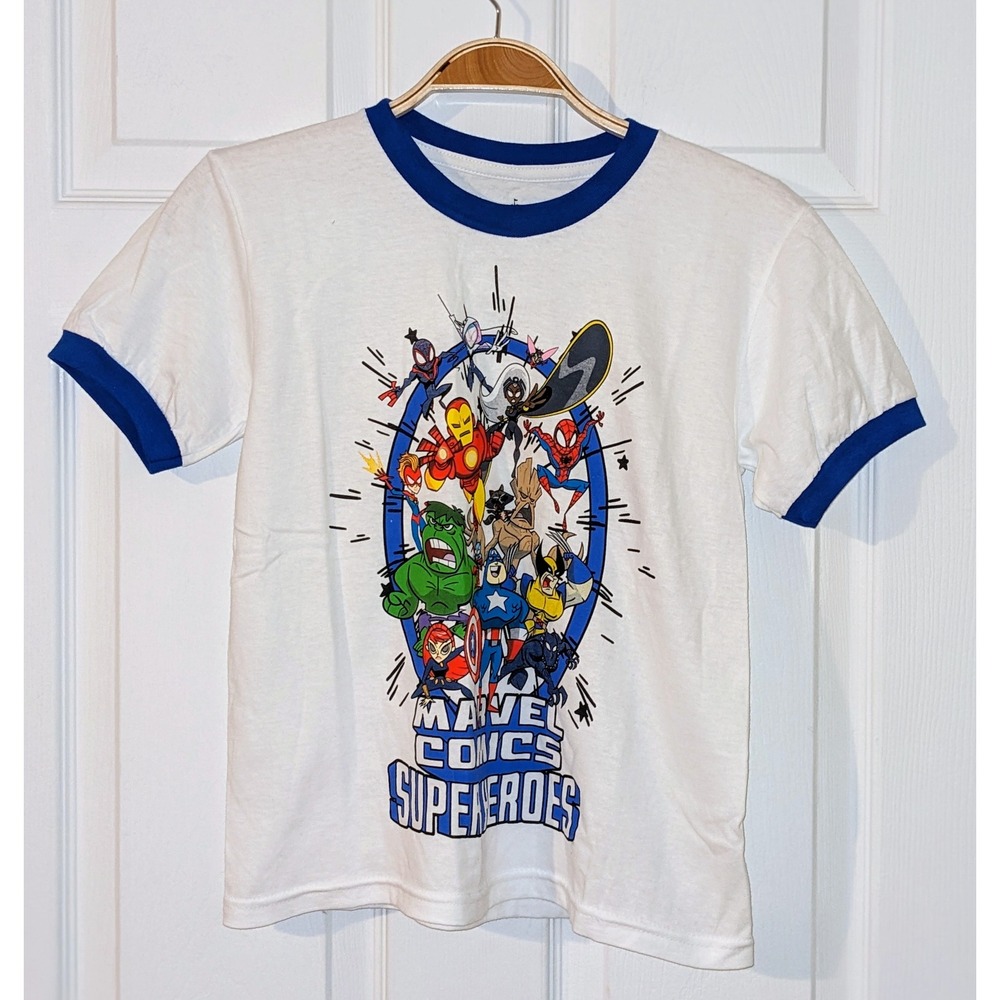 Disney‎ Parks Marvel Comics Superheroes Graphic Tee White Blue  XS NWOT